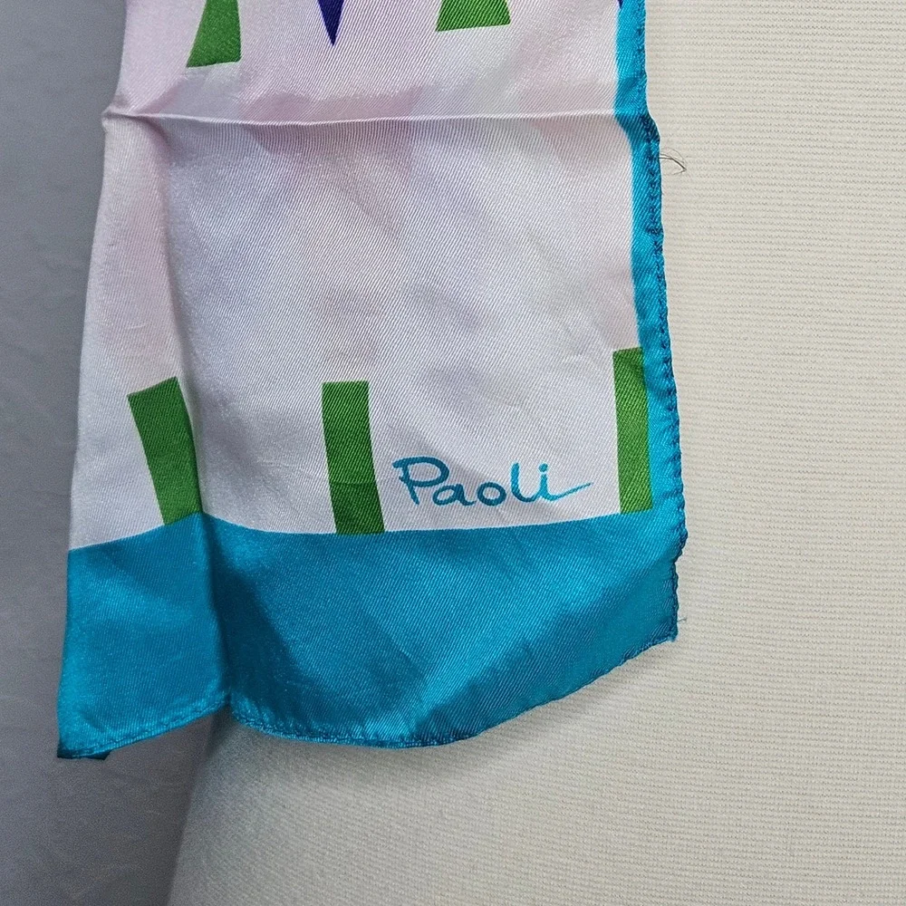 Paoli Vintage Geometric Abstract Silk Scarf Teal Purple‎ Green Pink Oblong Retro
